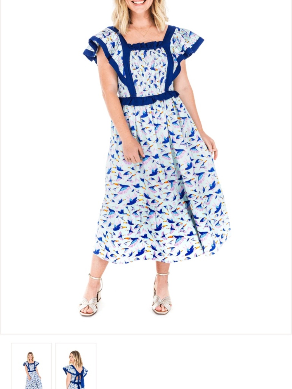 Women’s Navy Floral Midi Dress with Ruffle Sleeves